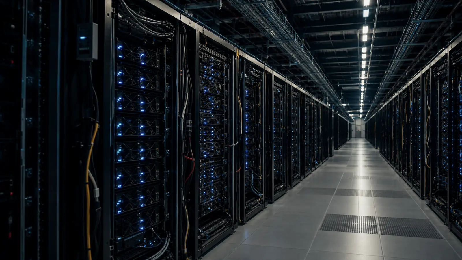 Rows of GPU server racks inside a large data center, blue cooling lights and structured cabling visible