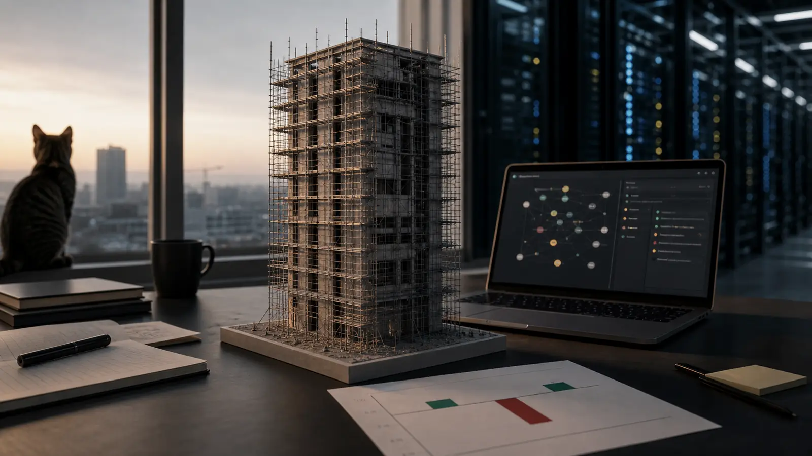 Editorial desk at dawn with a scaffolded tower model, an AI agent graph on a laptop, a negative bar chart printout, a data center reflection, and a small cat silhouette