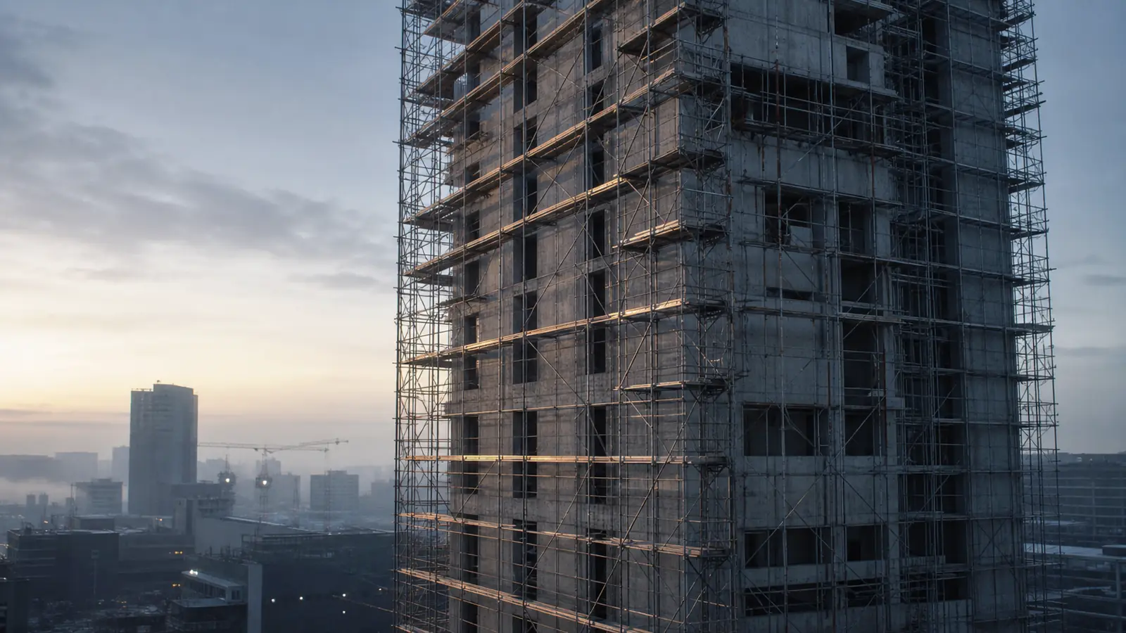 Metal scaffolding wrapped around the exterior of a tall concrete tower under construction in early morning light