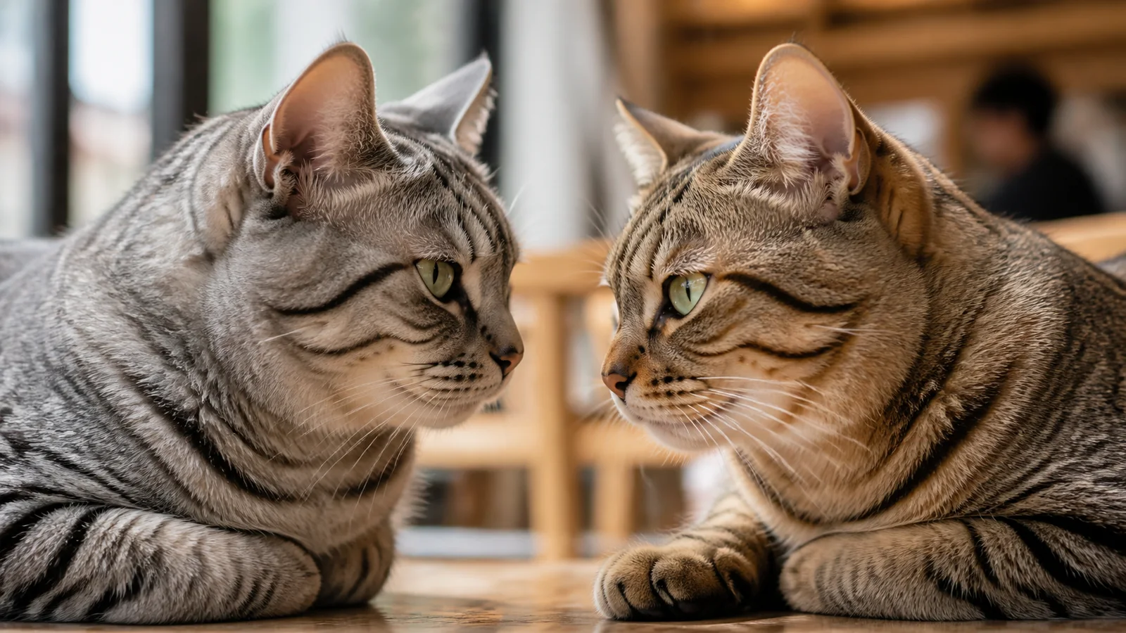Close-up of two cats interacting face-to-face, ears visible in subtle different positions