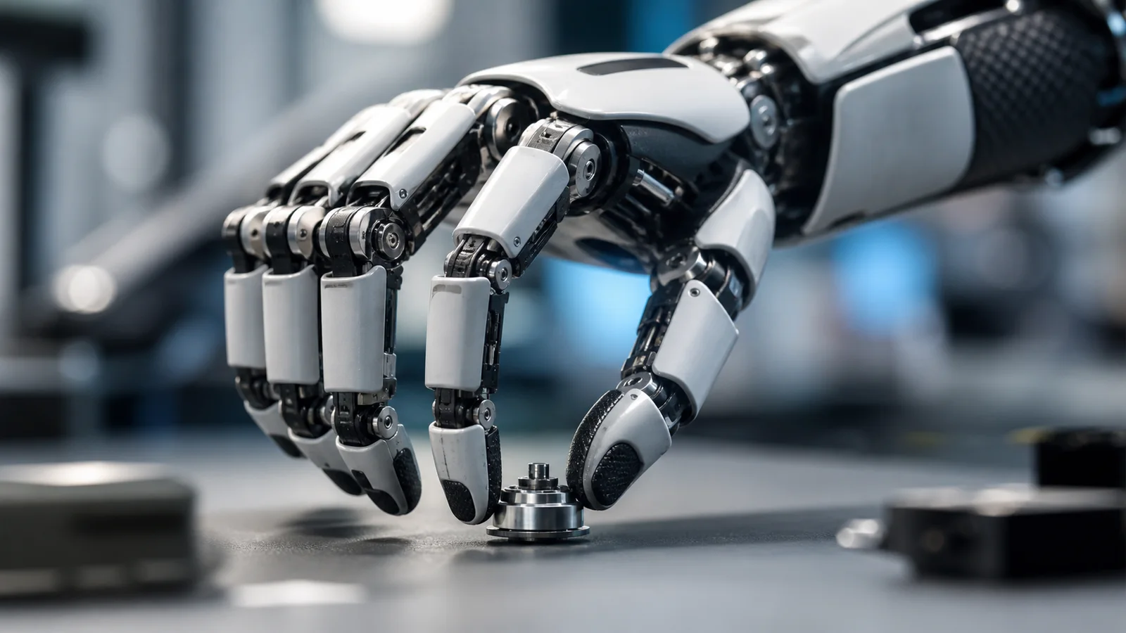 A close-up of a five-fingered humanoid robotic hand from Genesis AI manipulating a small object
