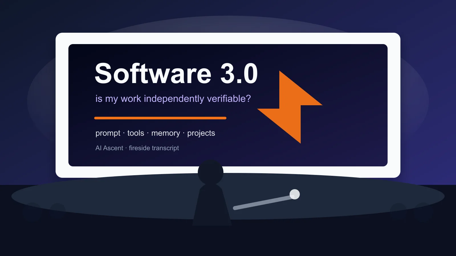 A presentation slide labeled Software 3.0 from Andrej Karpathy's fireside chat at Sequoia AI Ascent