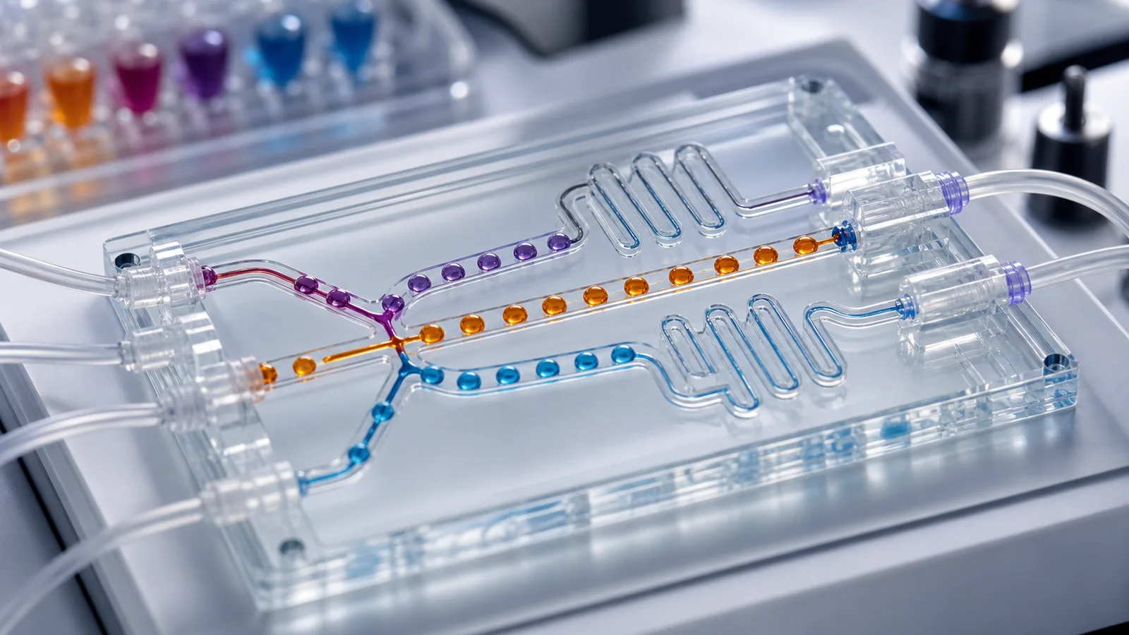 A microfluidic chip with droplet-based flow chemistry channels and connecting tubing