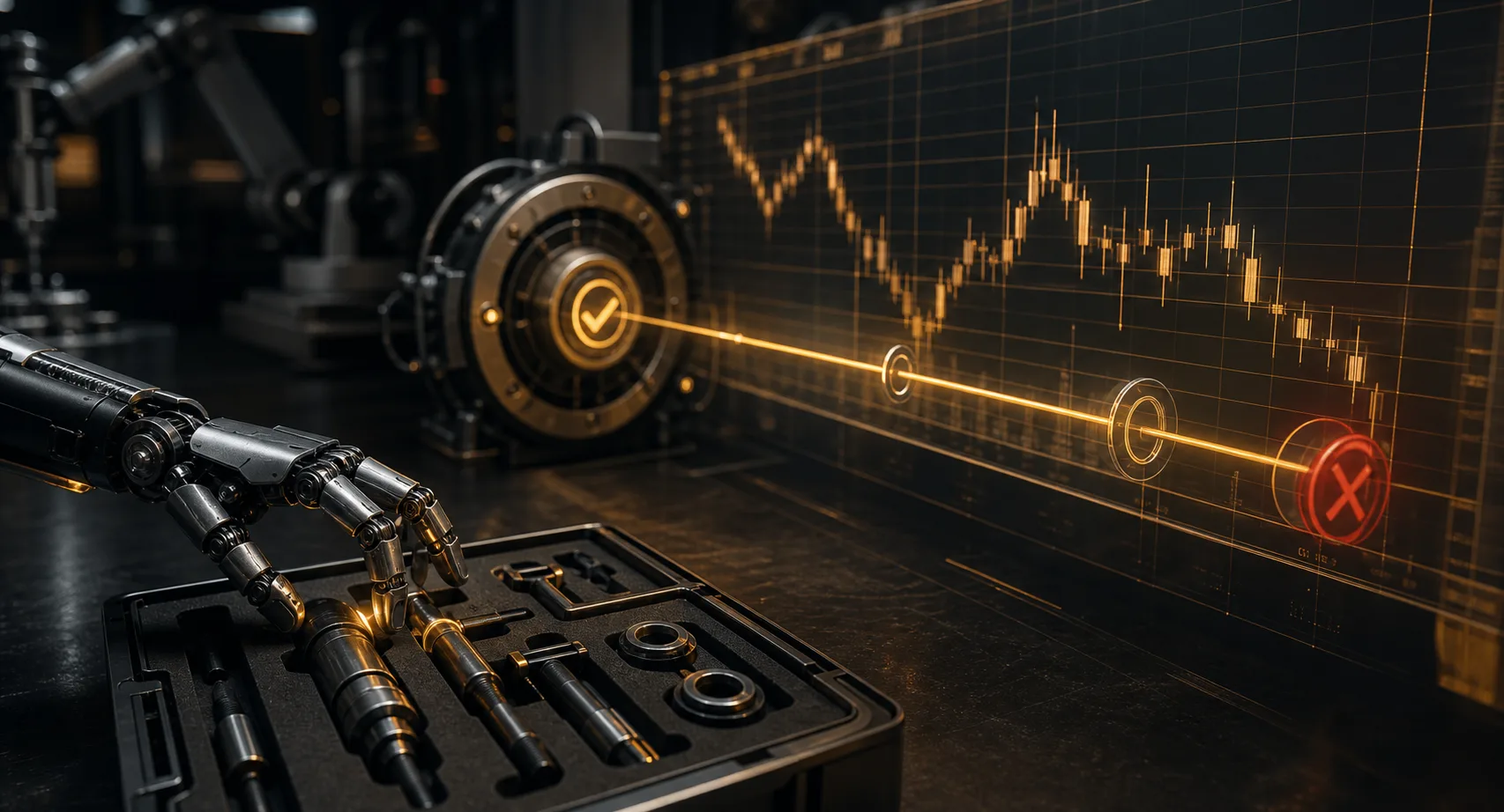 A robotic hand approaches tool modules while a financial timeline passes through approval rings and stops at a red rejection point