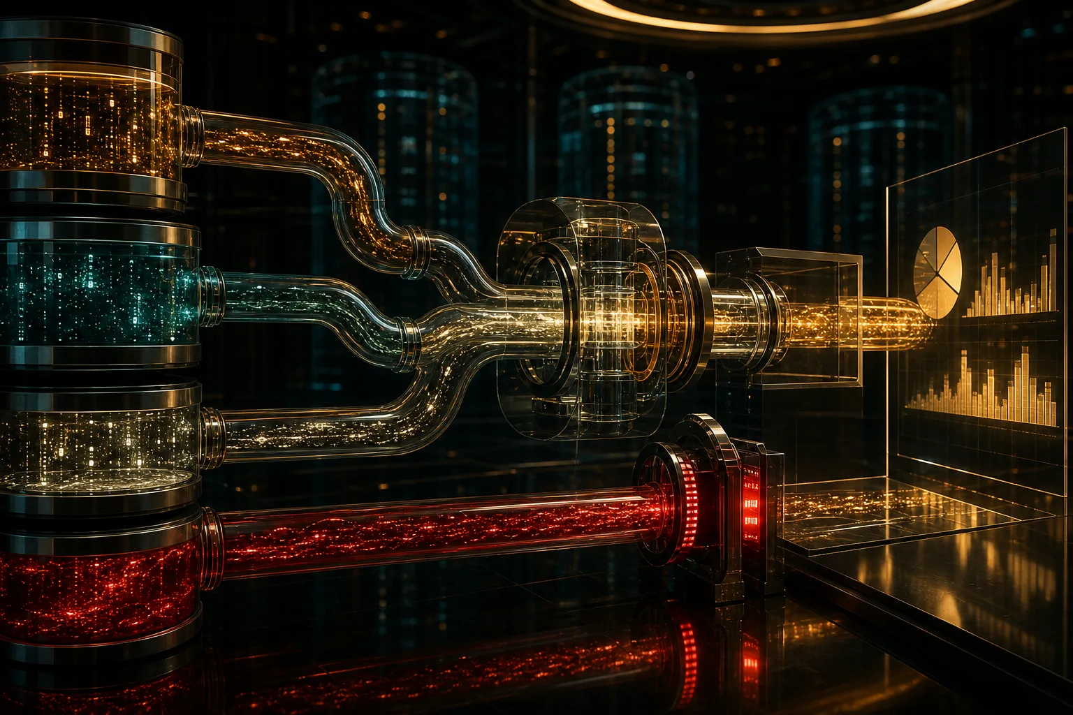 Multiple glowing data pipes flow into an analysis room while a red sensitive data stream is blocked by a policy gate